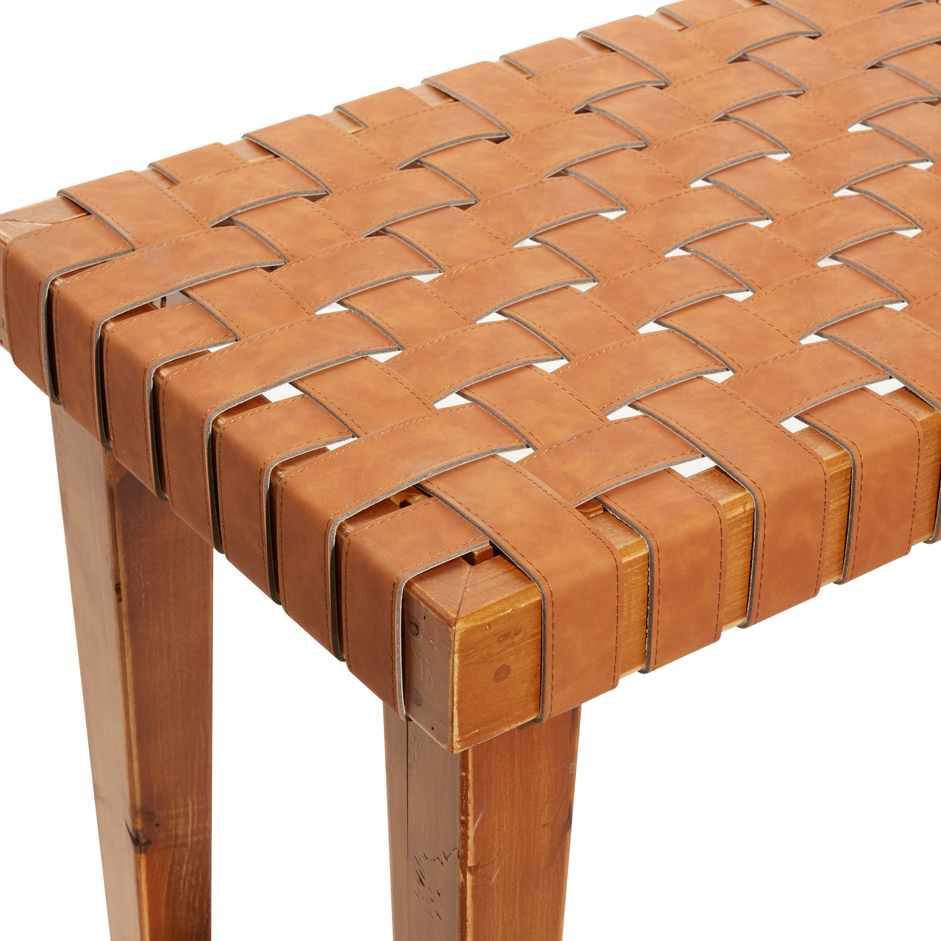 DecMode Rustic Rectangular Weave Pattern Wood Bench with Polished Brown Finish, 45"W x 19"H