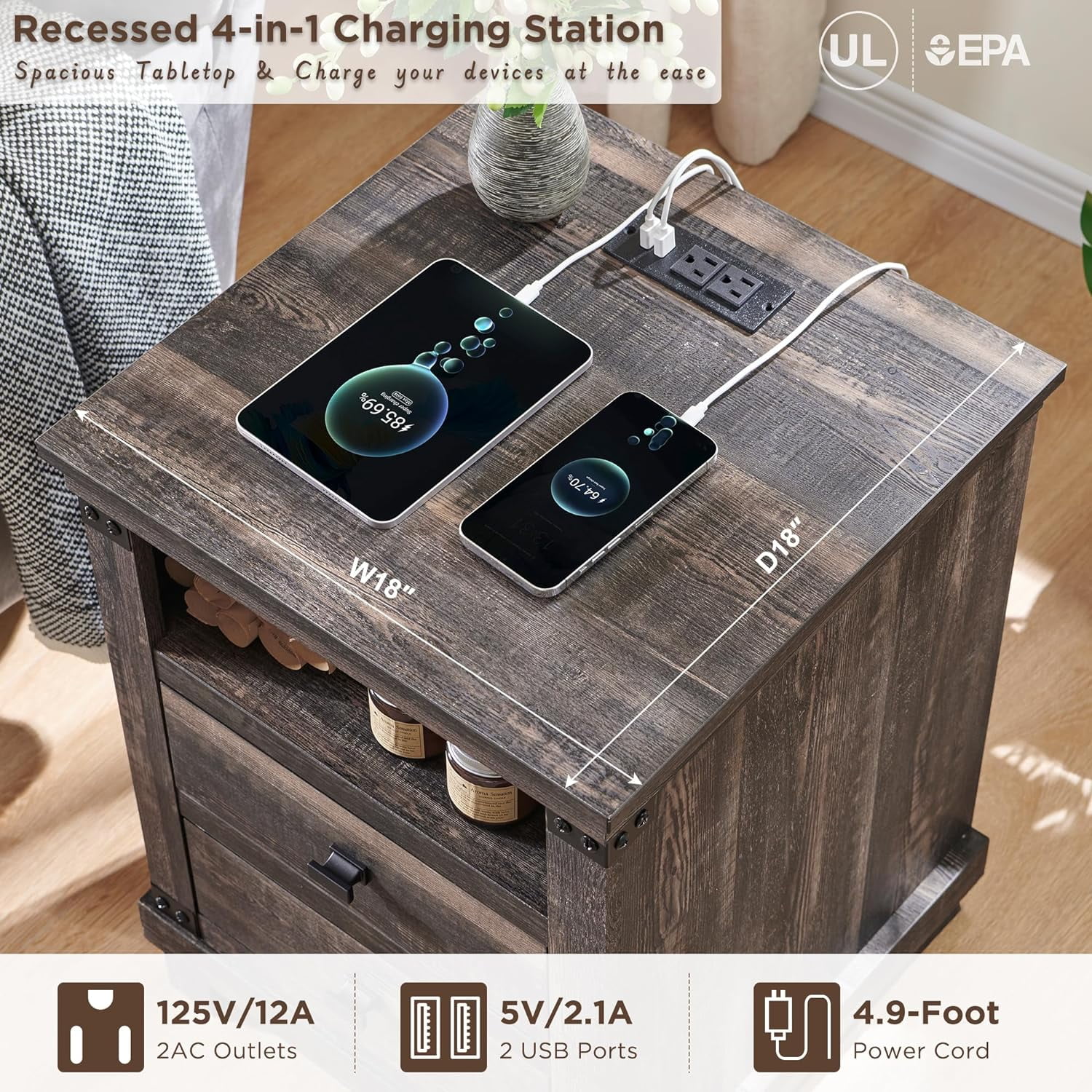 OKD Farmhouse 18" Nightstand with Charging Station, Rustic Metal Wood End Tables with Adjustable Shelves, Side Tables，Dark Rustic Oak