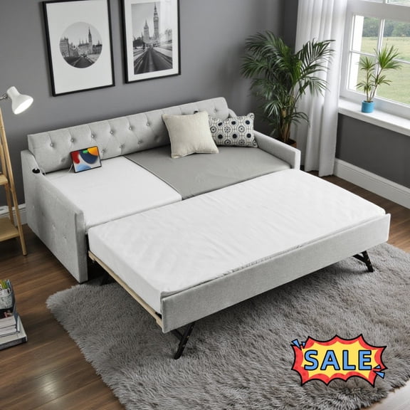 Tcbosik Upholstered Daybed with Trundle and USB Port, Twin Size Linen Fabric Sofa Bed, Wood Bed Frame for Living Room, Guest Room, Beige