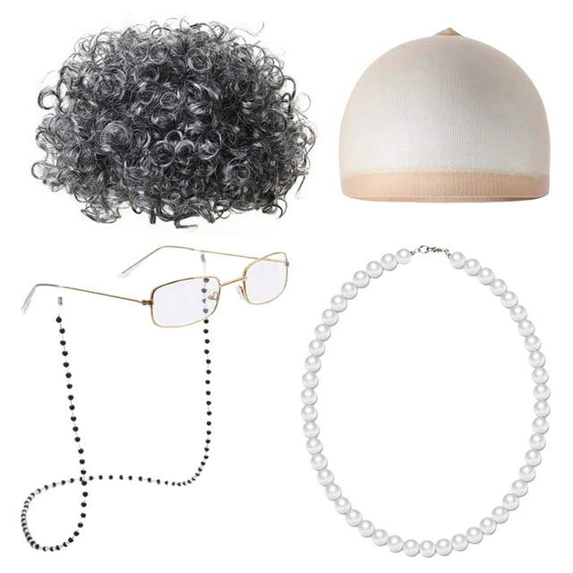 Ensemble d'Accessoires Perruque Déguisement École Vieille Dame Mamie Enfants