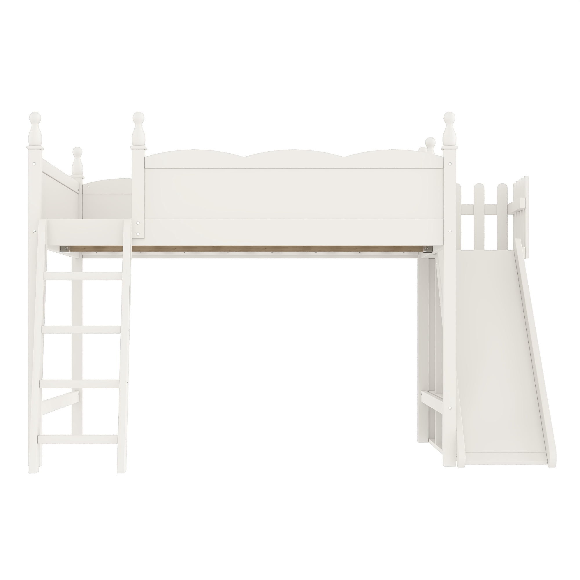 Leumius Queen Loft Bed Frame with Storage Shelves and Wardrobe, Solid Wood Loft Bed with Detachable Slide and Ladders for Kids Teens Adults Beige
