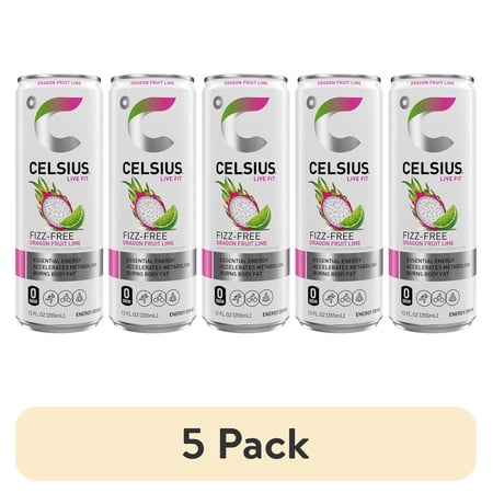 (5 pack) CELSIUS Fizz Free Dragon Fruit Lime, Functional Energy Drink 12 fl oz Single Can