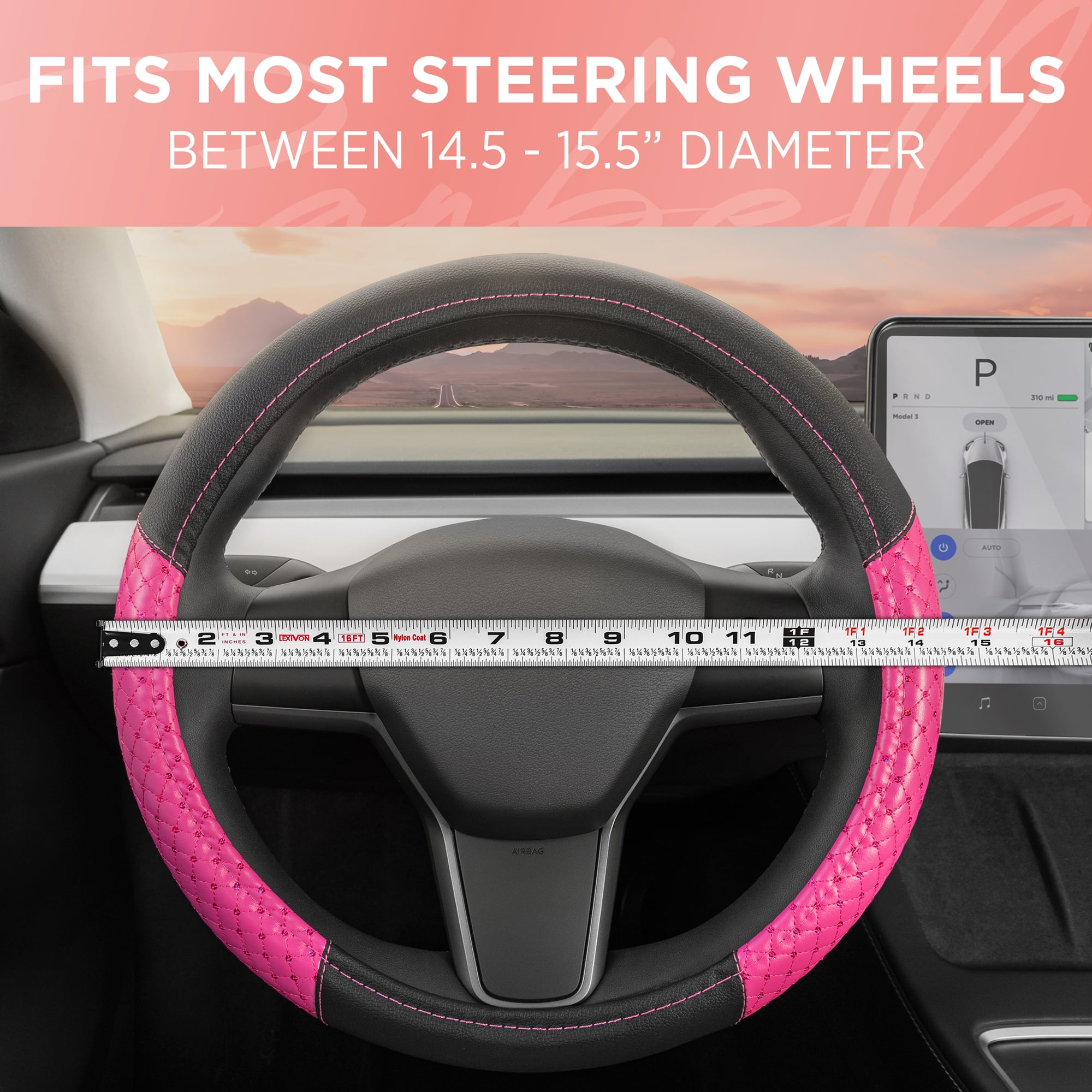 BDK CarXS Diamond Quilt Steering Wheel Cover, Pink – Breathable Anti-Slip Protector with Bling Bling Sequin for Women, Fits Most Standard Wheel Sizes 14.5-15 inch