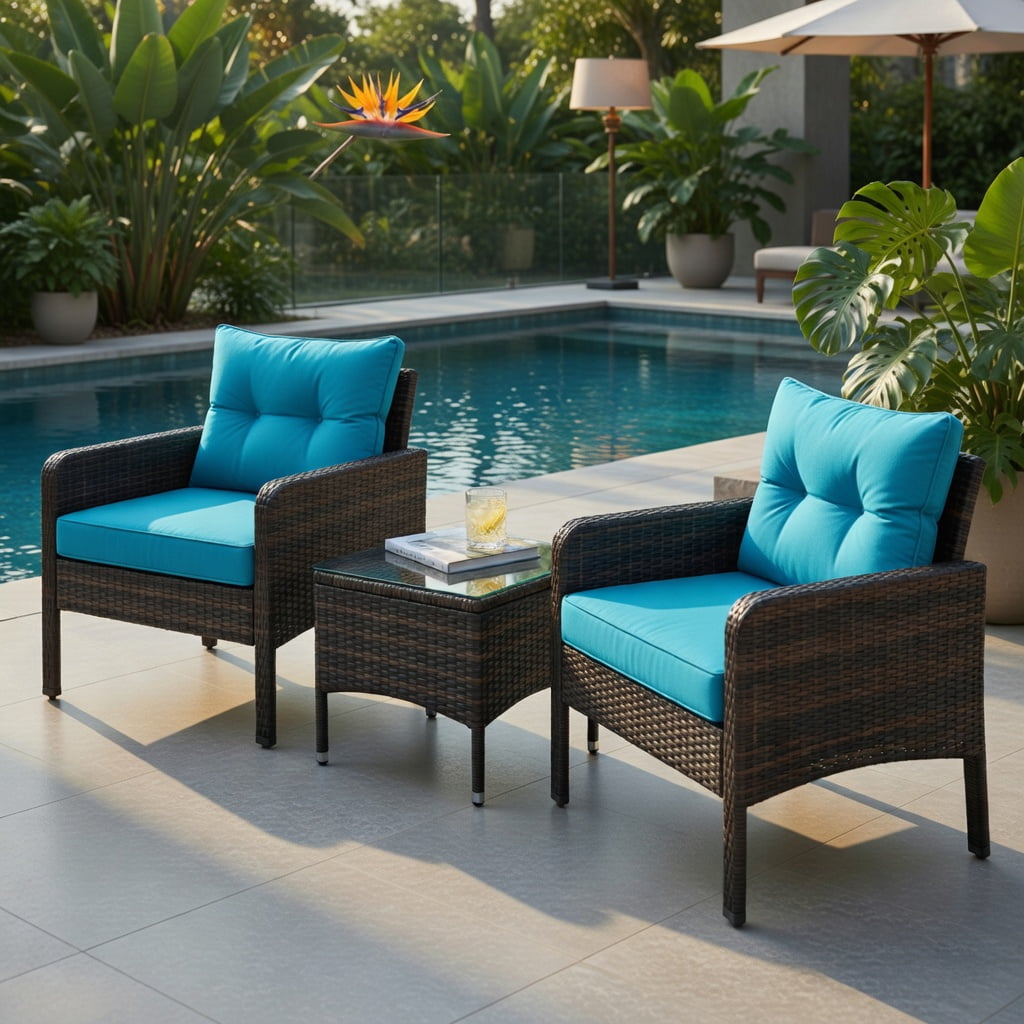 Hommoo 3-Piece Outdoor Wicker Patio Conversation Set, PE Rattan Chairs with Cushions, Tempered Glass Coffee Table for Backyard, Balcony & Poolside, Turquoise