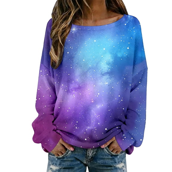 DHFJKG Long Sleeve Shirts For Women Ribbed Knit Pullover Galaxy Printed Casual Comfortable Crewneck Loose Fit Tunic Carnival Leisure Home Clothes