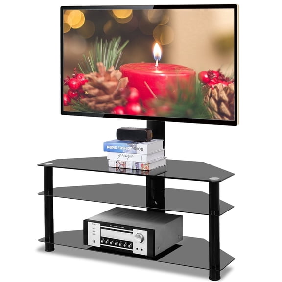 RTVR Corner TV Stand with Mount for 32 to 65 inch Flat Screens up to 110 lbs, 3 Tier TV Stand Table with Glass Shelves, Black