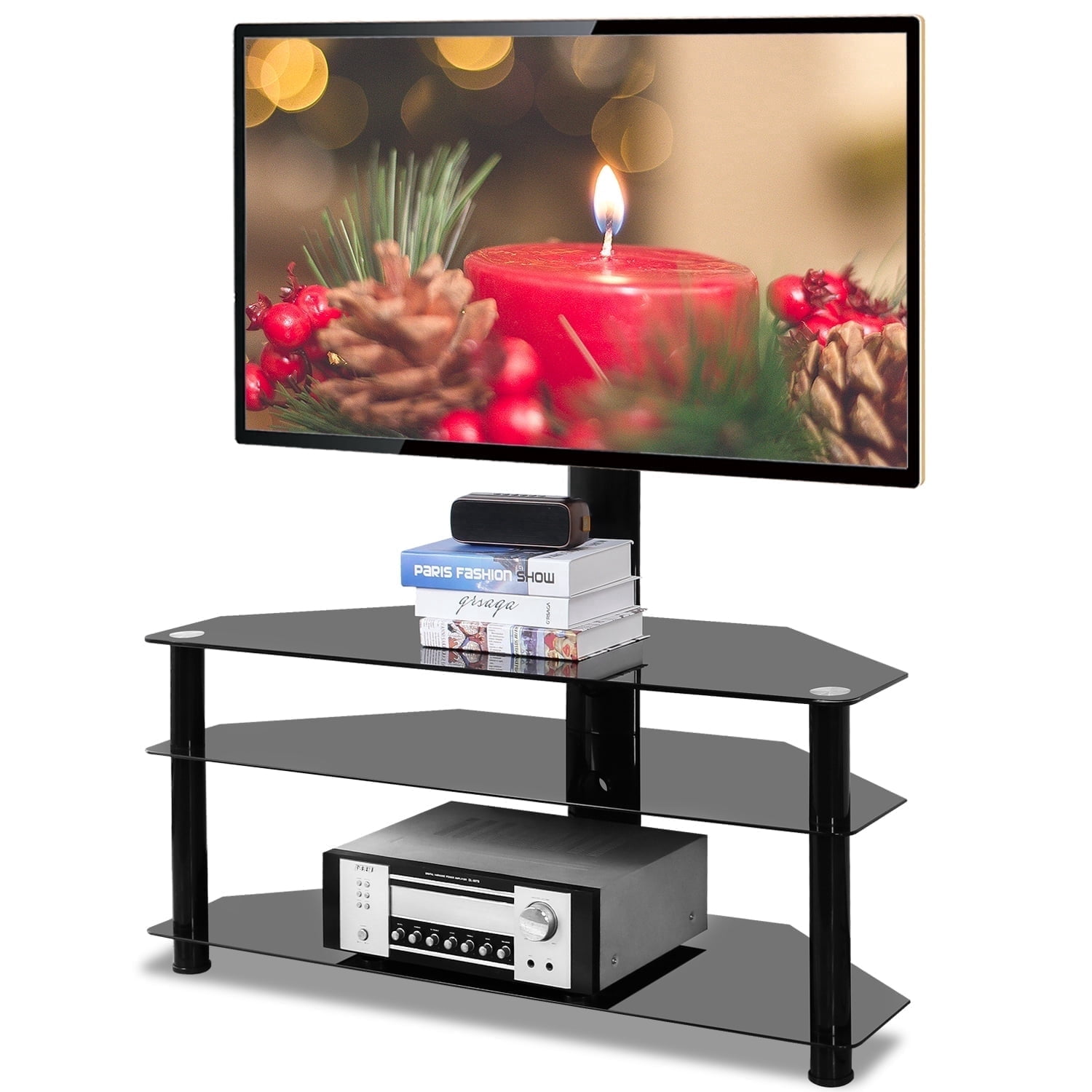 RTVR Corner TV Stand with Mount for 32 to 65 inch Flat Screens up to 110 lbs, 3 Tier TV Stand Table with Glass Shelves, Black