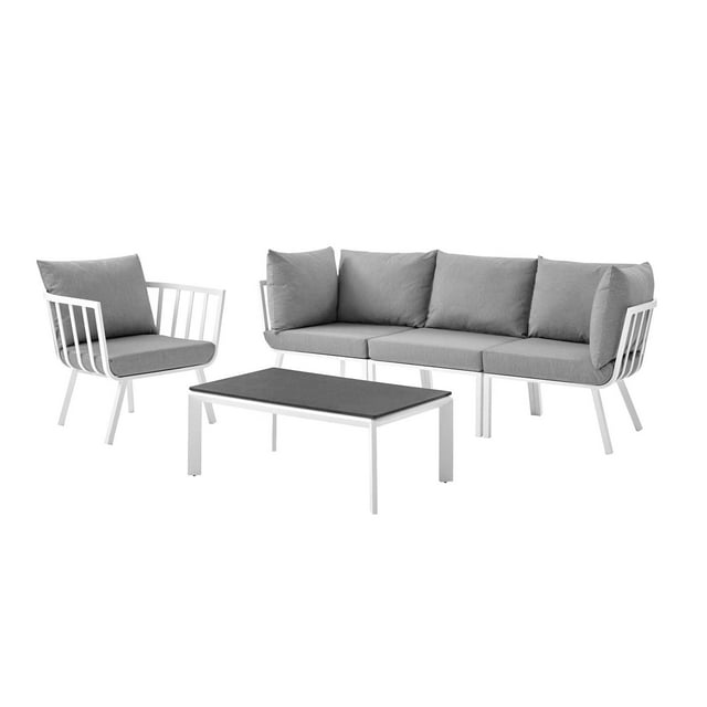 Lounge Sectional Sofa Chair Set, Aluminum, Metal, Steel, White Grey Gray, Modern Contemporary Urban Design, Outdoor Patio Balcony Cafe Bistro Garden Furniture Hotel Hospitality