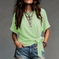 thumbnail image 2 of Women's Gingham Cotton Tops Summer Oversized Crew Neck Bow Tie Waist Blouse Fashion Casual Short Sleeve Daily Wear Shirt Green, 2 of 5