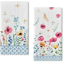 Spring Floral Flowers Kitchen Dish Towel Set of 2, Butterfly Hand Towel Drying Baking Cooking Cloth, Watercolor Summer Seasonal Kitchen Decor 18x26 Inches
