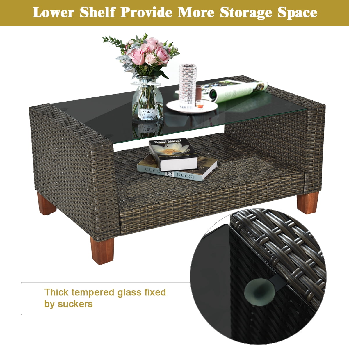Costway 4PCS Patio Rattan Furniture Set Solid Wood Leg Cushioned Sofa Garden Lawn