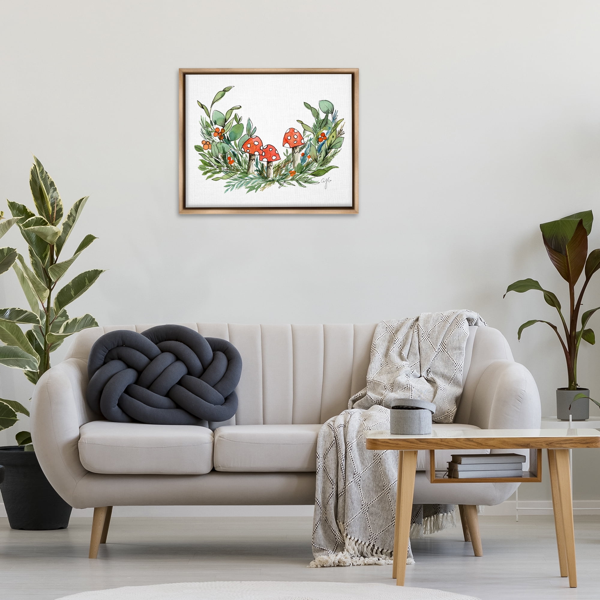 Stupell Industries Mushrooms and Greens Plants & Flowers Painting Brown Floater Framed Canvas Art Print Wall Art, 31 x 25