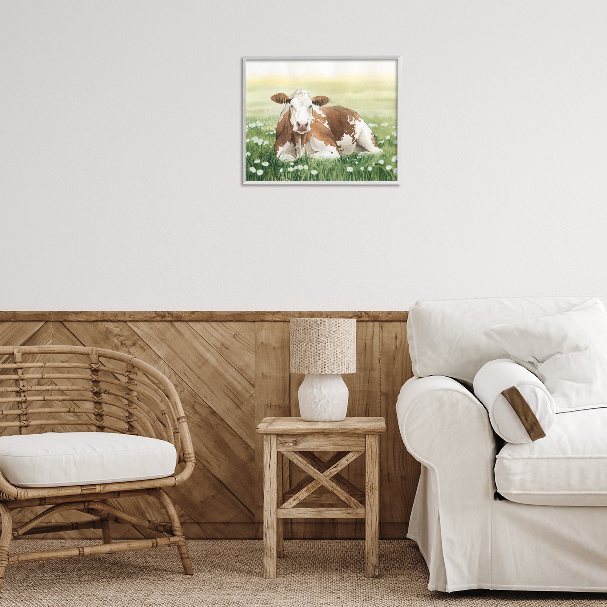 Stupell Industries Cow & Meadow Blossoms Animals & Insects Painting White Framed Art Print Wall Art, 20 x 16