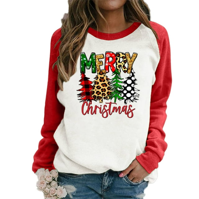 Pntutb Blusa de manga larga con estampado de Merry Chriasmas y bloque de color con cuello redondo para mujer Pntutb Pntutb-2336