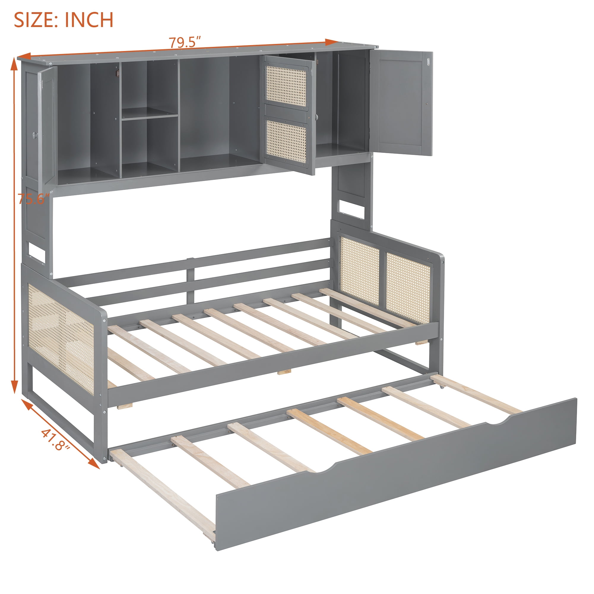 Euroco Wood Twin Size Platform Bed with Trundle, Captain Bed with Cabinets and Shelves, Gray