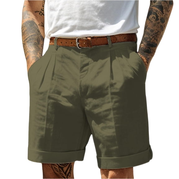 Dwelliawo Mens Line Cotton Shorts Casual Straight Leg Pleat-Front Cotton Linen Shorts Vintage Summer Pants Linen Dress 9" Flat Front Casual Army Green S
