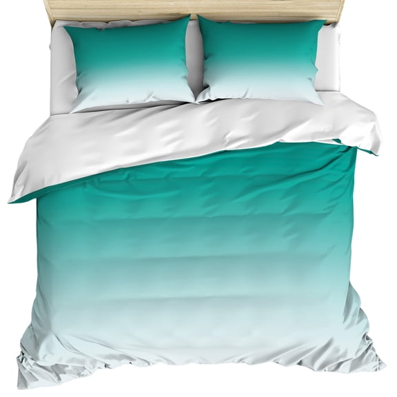 Teal Ombre Bedding 3 Piece Duvet Cover Set Full Size, Turquoise White Gradient Modern Abstract Art Soft Microfiber Comforter Cover with Zipper Closure & Pillowcases, FadeResistant Quilt Cover