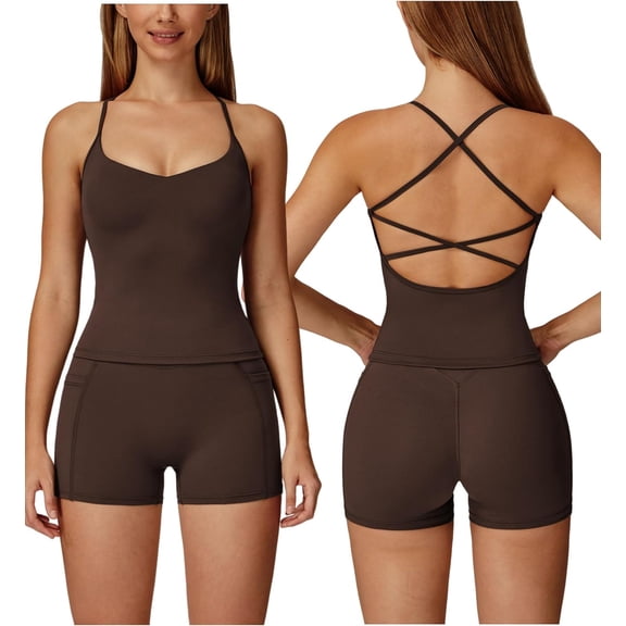AEXTO Two Piece Workout Sets for Women Criss Cross Tank Top Matching V Cut Shorts Gym Yoga Active Wear Outfits with Pocket