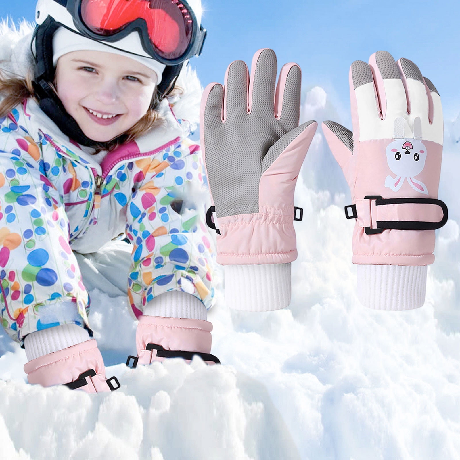 HNMKIU 2025 Winter Thick Velvet Childrens Cycling Skiing Cold Weather Warmth Gloves for Outdoor Activities Light Pink,S