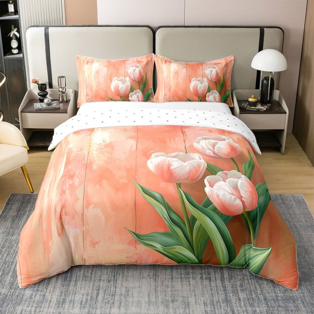Erosebridal Housse de Couette Florale Rustique 100 % Coton Grand, Ensembles de Literie Tulipe Orange Taille Grand, Ensemble de Lit Réversible de Ferme, Décoration de Chambre en Microfibre, 3 Pcs (Sans Couette)