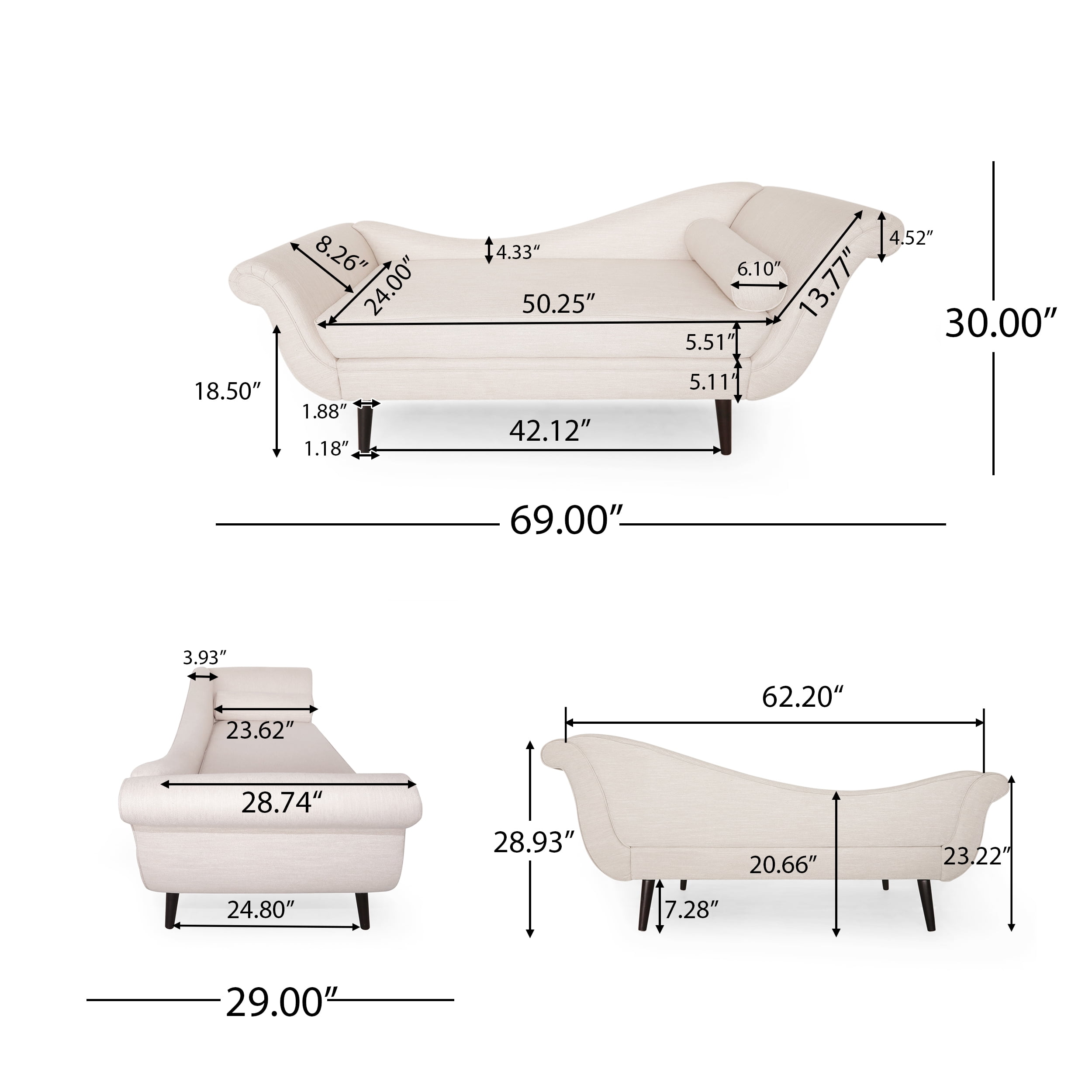 Noble House Xane Indoor Fabric Chaise Lounge With Bolster Pillow, Beige