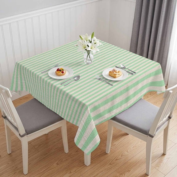 Sage Green Striped Table Cloth Waterproof Tablecloths, Modern Simple Farmhouse Beige Tablecloth Dining Table Cover for Kitchen Party Tabletop Outdoor, Square Tablecloth 60x60 Inch