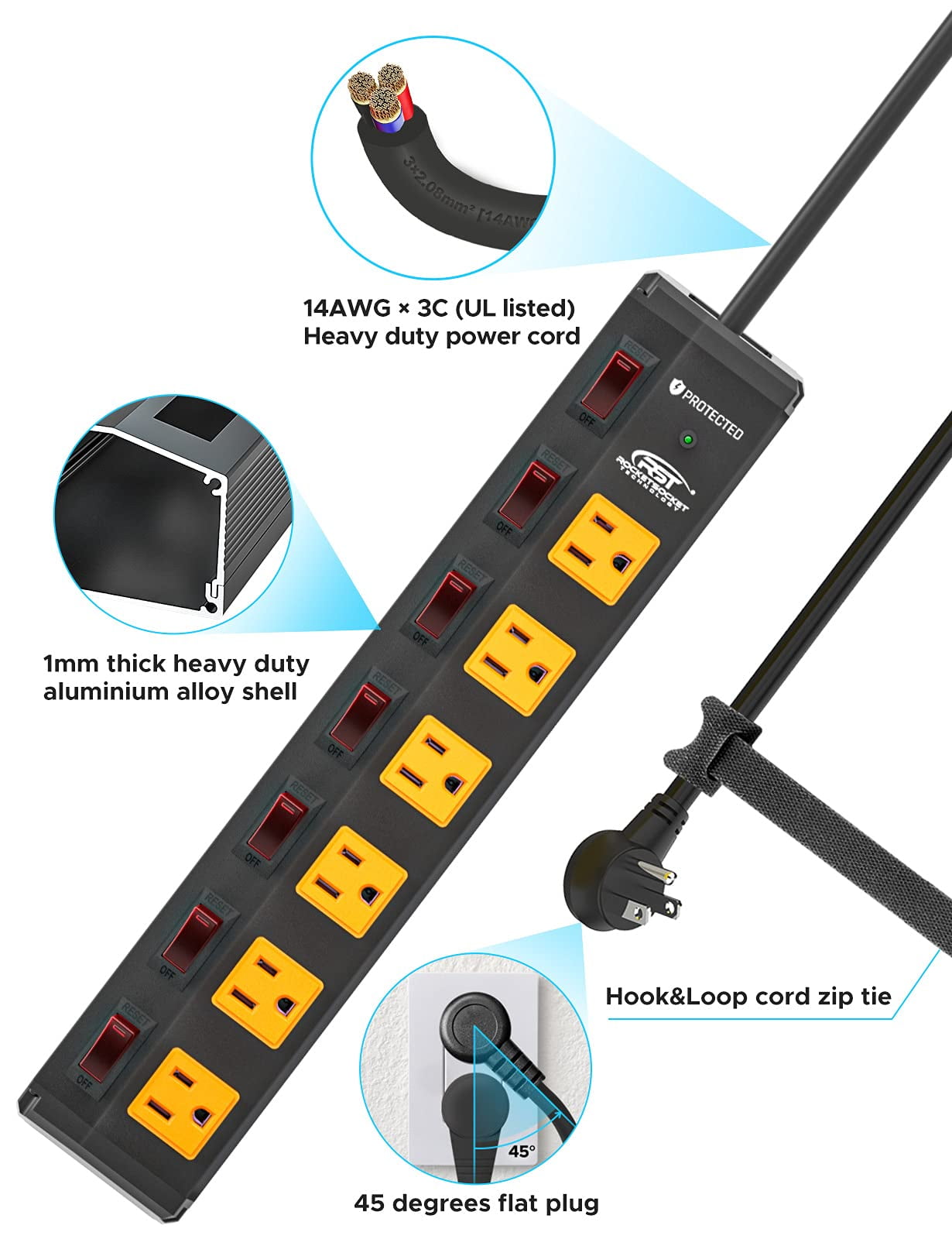 CRST Power Strip 6 Outlet Heavy Duty Surge Protector Individual Switch 6ft Extension Cord with Flat Plug, 15A Circuit Breaker