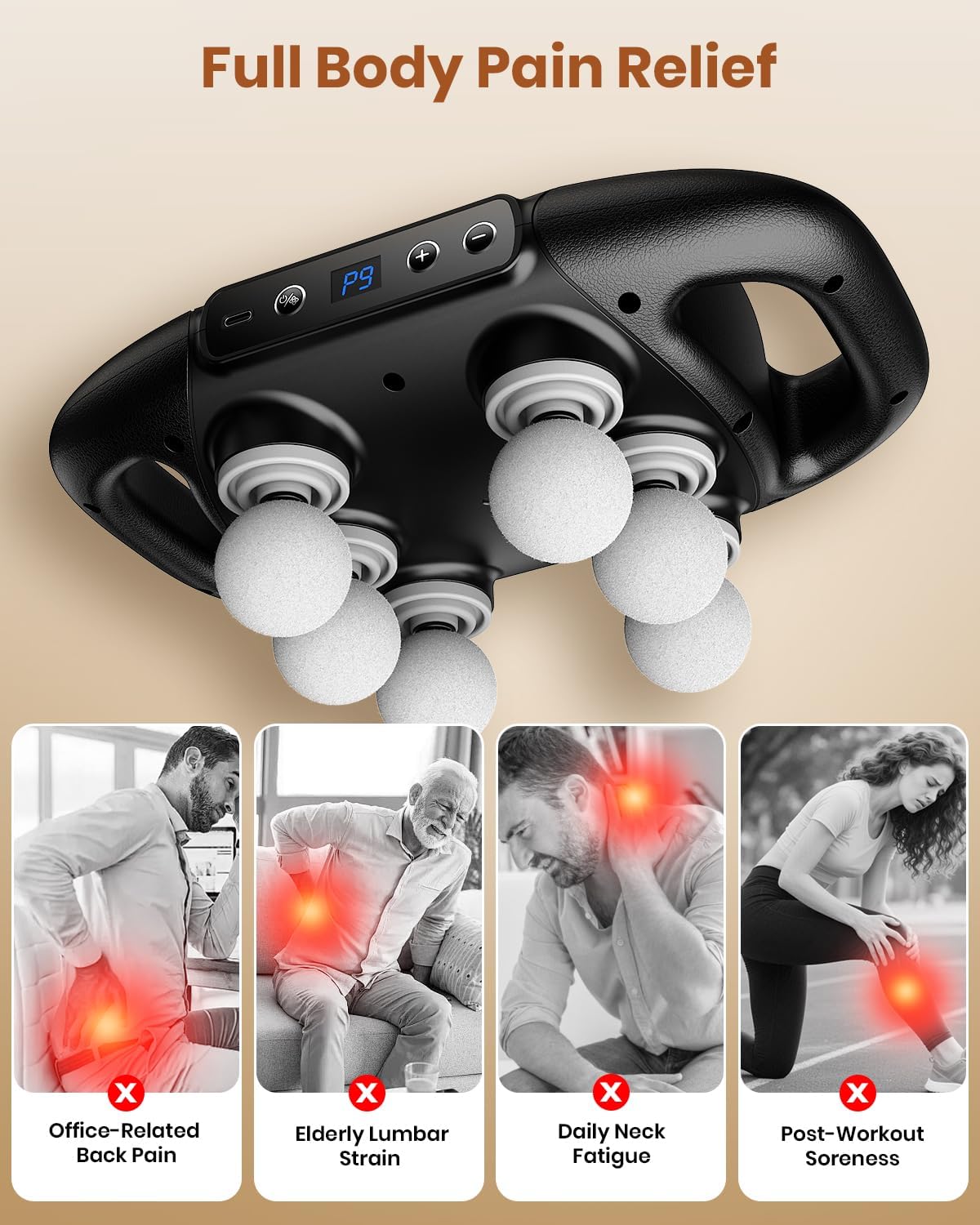 Massage Gun, 6 Head Deep Tissue Back/Shoulders/Legs/Arms/Neck Massager, 9 Speed Levels, Ideal Gift for Parents & Friends