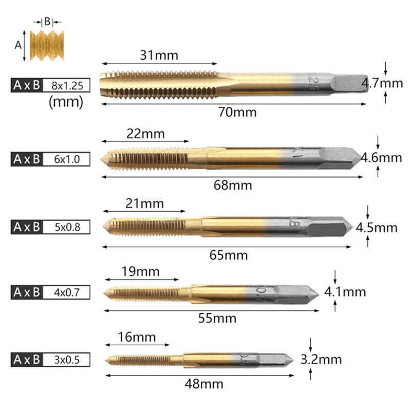 Titanium Hand Tap Tapping Screw Thread Metric Plug Set M3-8 Straight Flute 1PC 