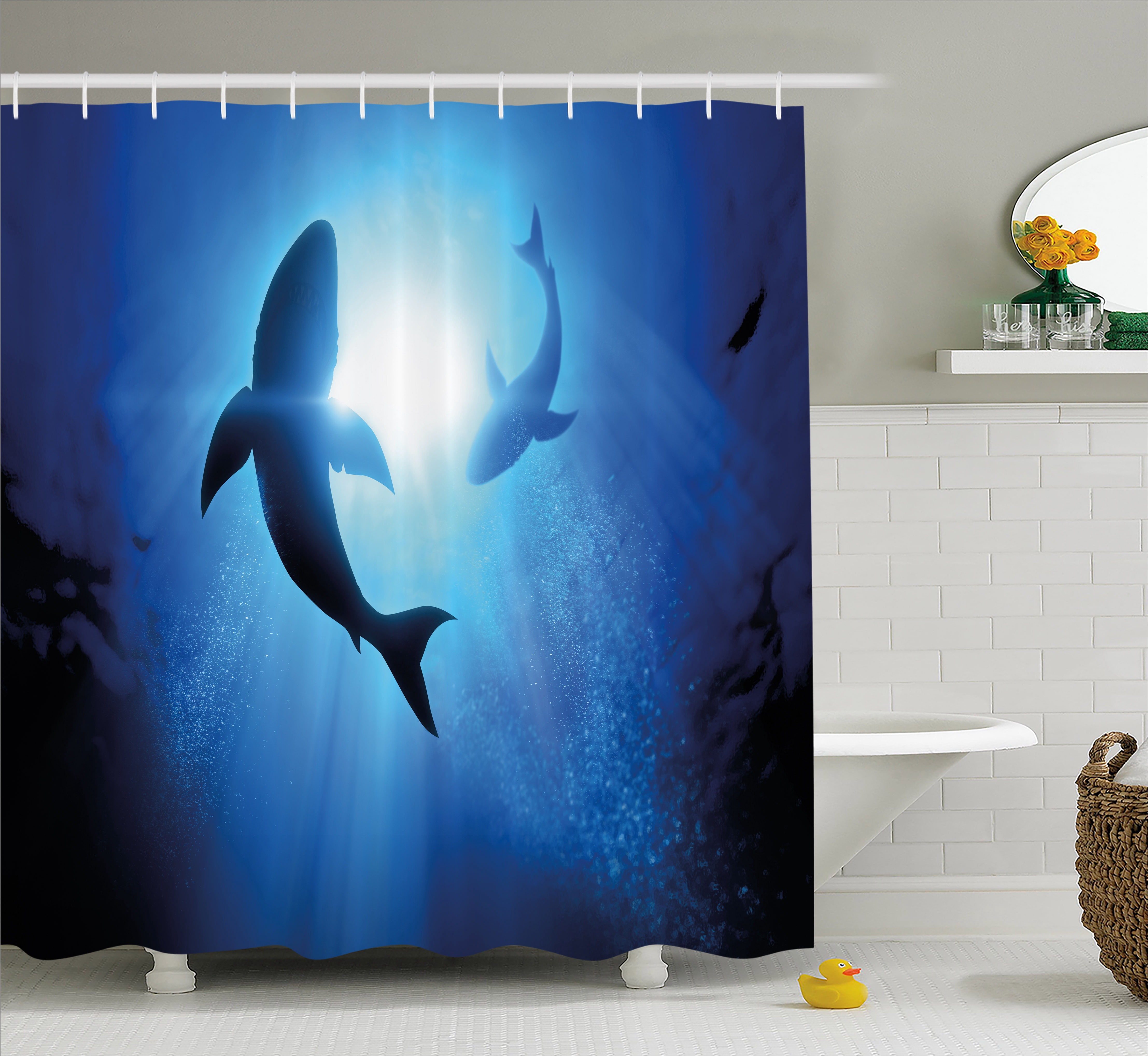 Shark Shower Curtain, Underwater World with Fish Silhouettes Circling