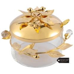 Matashi 24K Gold Plated Sugar Bowl with Glass Insert and Spoon, Flower and Vine Design, Tabletop Serveware, 1 Count