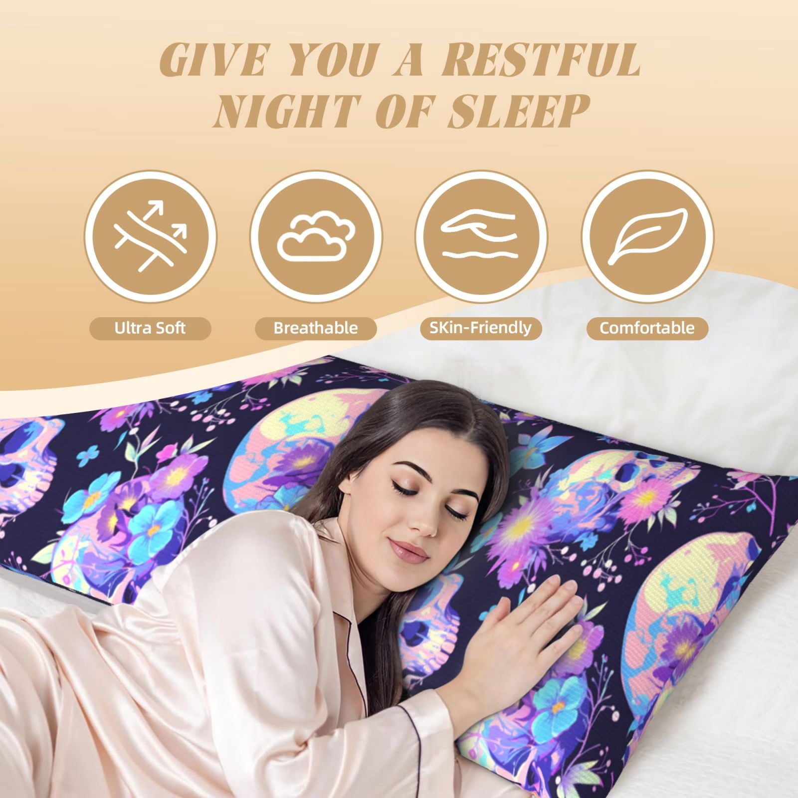 Naloa cool flower Skull Super Soft 20x60 Body Pillow Case,Long Side Hidden Zipper（PILLOWS ARE NOT INCLUDED）