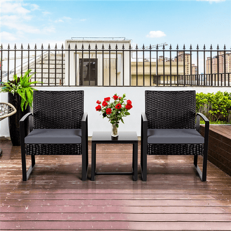 Yaheetech Set of 3 Wicker Chairs & Table Modern PE Rattan Chair Balcony/Patio/Bistro Furniture Conversation Sets Including a Coffee Table for House/Porch/Garden/Backyard/Outdoor Use