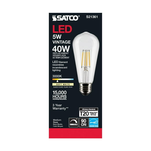 Satco S21361 ST19  LED Light Bulbs 5W 120V 3000K E26 Medium Base Dimmable (6 Pack)