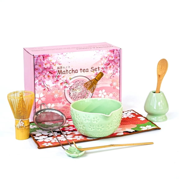 Matcha Whisk Set, 8-Piece Matcha Lovers Kit with Ceramic Bowl, Whisk, Holder, Wood Spoon, Bamboo Scoop, Scoop Rest, Sifter and Tea Towel,Green