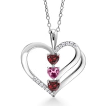 925 Sterling Silver Red Garnet and Pink Tourmaline and White Moissanite 3-Stone Pendant Necklace for Women (0.99 Cttw, Gemstone January Birthstone, Heart Shape 4MM, with 18 inch Silver Chain)