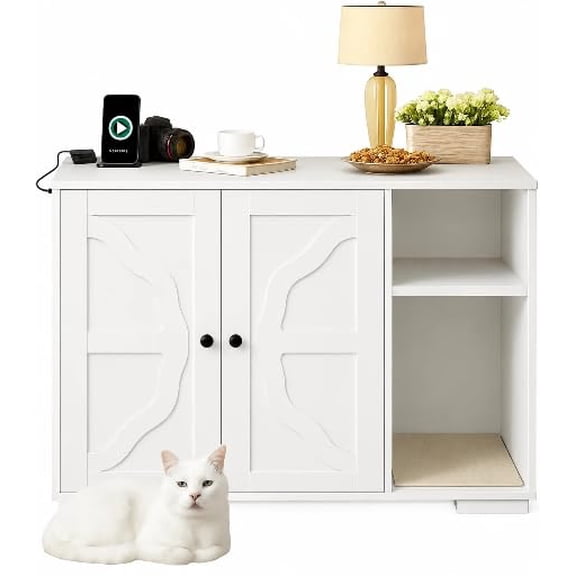 Cat Litter Box Enclosure, Large Cat House for Self-Cleaning Litter Box, Dog Proof Cat Cabinet with Side Outlet and 5 ft Power Cord, Cross Frame Design, White