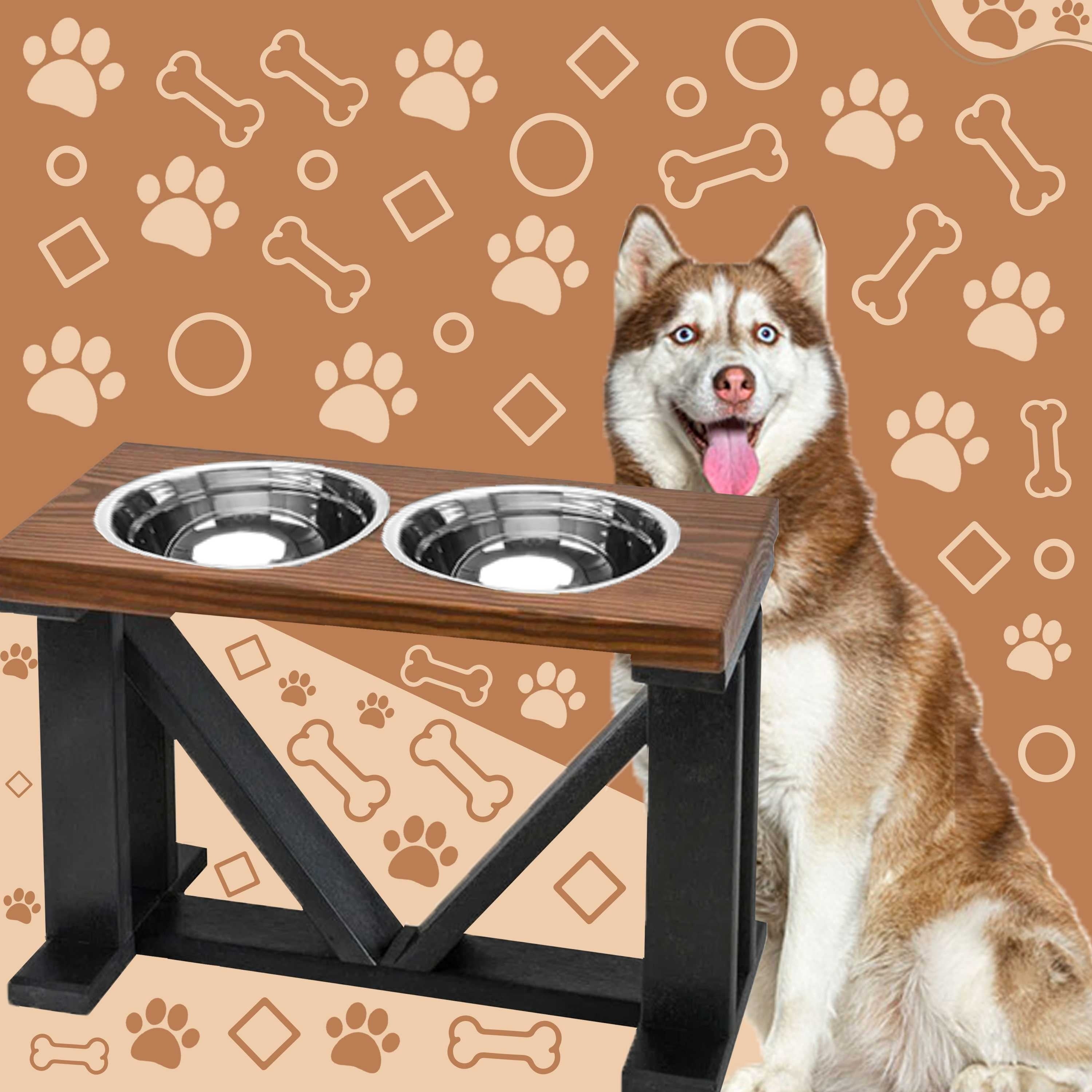 Bearwood Essentials 2 Bowl Elevated Dog Stand - Best Raised Wood Dog Feeder with Stained Top