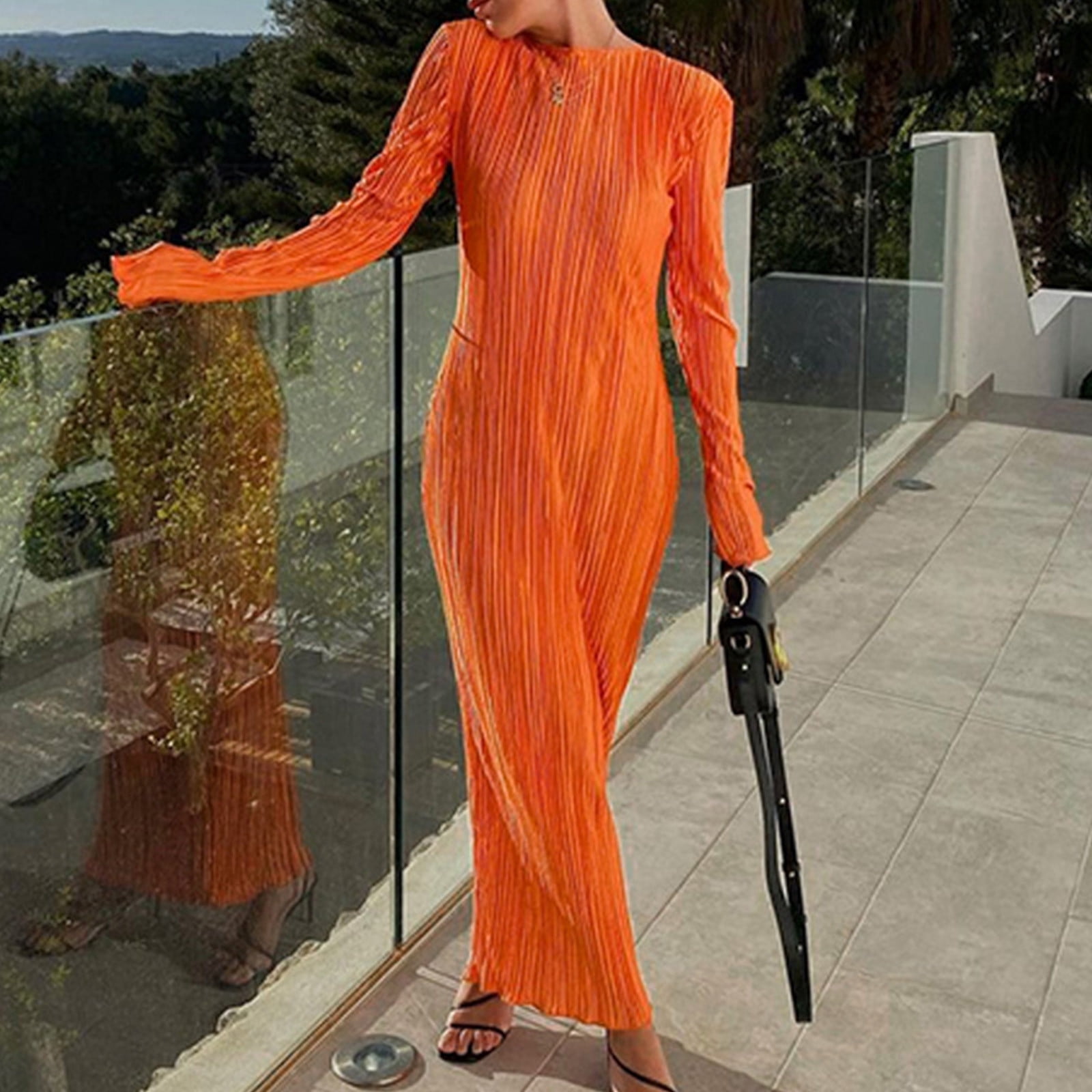 Blmnix Sheath Party Dresses for Women Vintage Elegant Dresses Petticoat Crew Neck Long Sleeve Orange Western Dress for Women,L