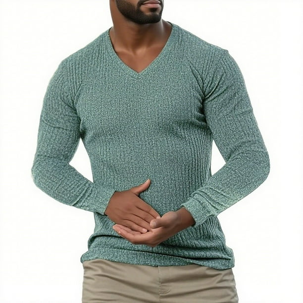pstuiky camisas de manga larga para hombre, Suéter de punto con cuello en V para hombre, para deportes y fitness, de manga larga, color liso, informal, de manga larga, con cuello en V. l
