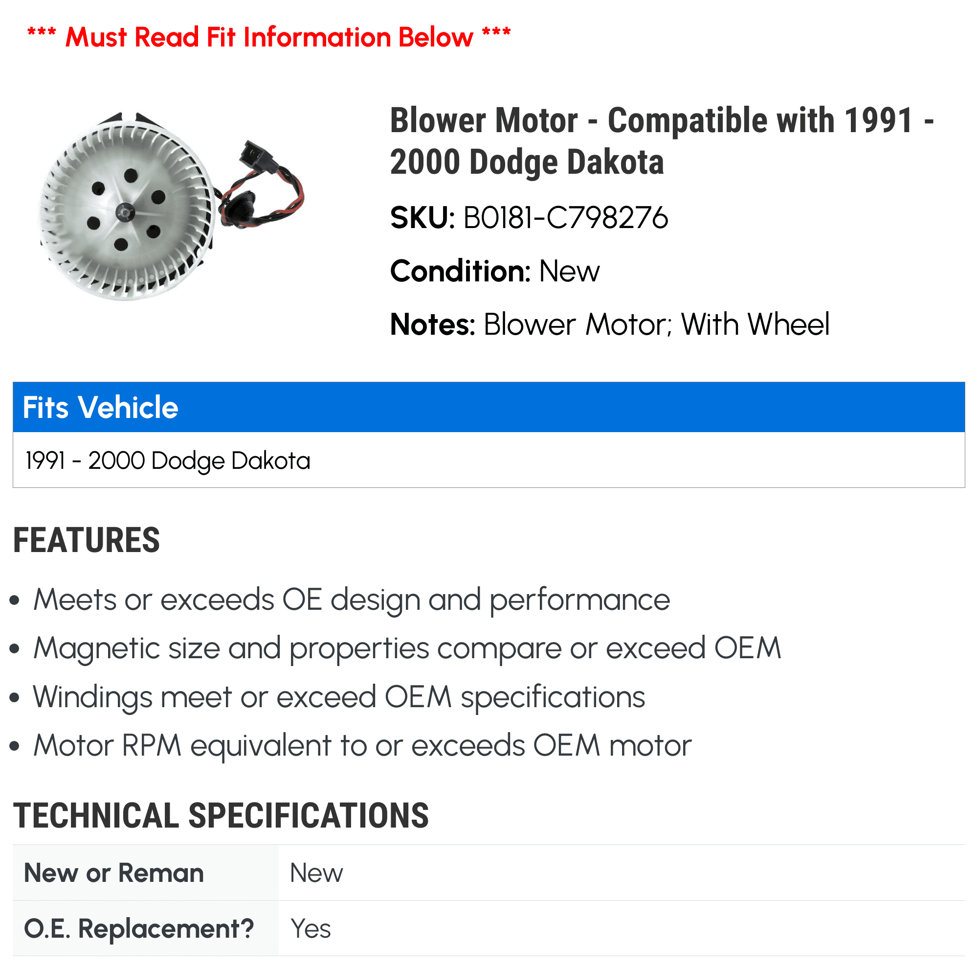 Blower Motor - Compatible with 1991 - 2000 Dodge Dakota 1992 1993 1994 1995 1996 1997 1998 1999