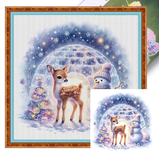 Hilo Algodón Bordado Punto Cruz Impreso Muñeco Nieve Y Ciervo 18 Quilates 30x30cm