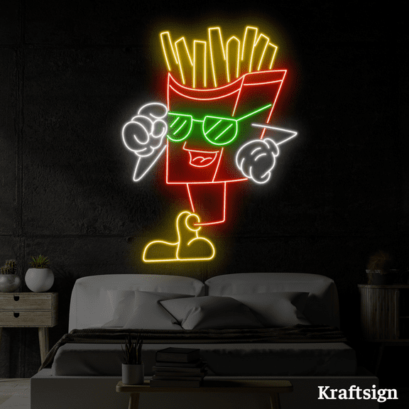 Craftnamesign Cool French Fries Neon Sign, Fast Food Shop Decor LED Sign