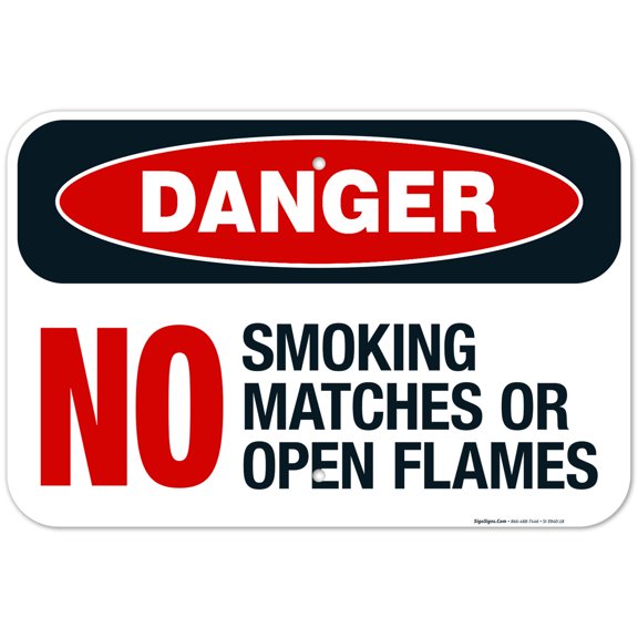 Danger No Smoking Matches Or Open Flames Sign, OSHA Danger Sign, 12x18 Aluminum
