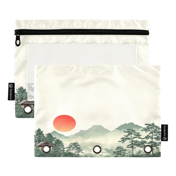 2 Pack Pencil Bag 9.84x6.1 Inch 3-Ring Page Turning Folder Zipper Pencil Case Pencil Bag Page Turning File Bag Ink and Wash Mountain