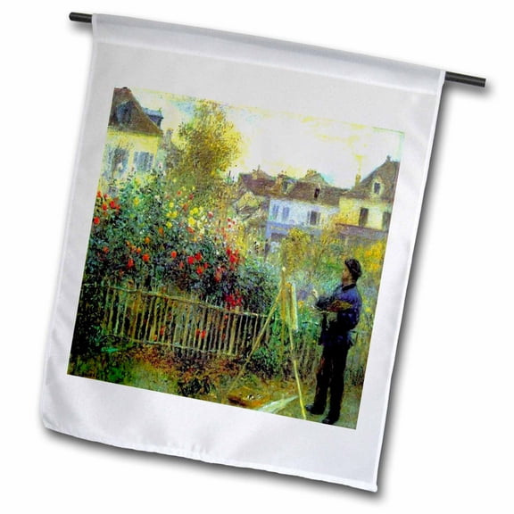 3dRose, Renoir 1873 Painting Of Monet Painting In His Garden, 18 x 27 inch Garden Flag