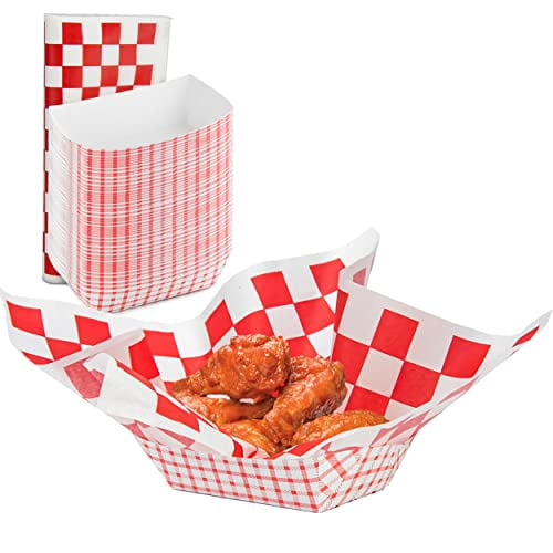 [125 Sheets and 125 Trays] Red and White Checkered 12x12 Inch Deli Sheet Sandwich Wrap Paper Basket Liner and 3 lb Paper Food Tray - Grease Resistant for Burger Fries Nachos Hotdog Chicken Chips