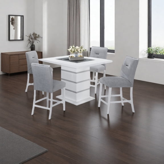 Dark Grey Contemporary Bar Table & Stool Set - 4-Seat Square Pub Set with Glass Inlay & Pedestal Base for Dining Room