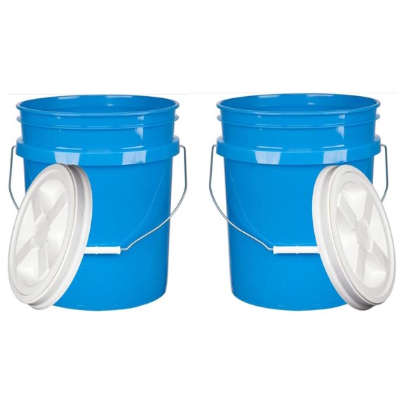 5 Gallon Bucket Pail with Air Tight White screw on Lid - Food Grade-BPA - (Pack of 2) - Made in USA buckets