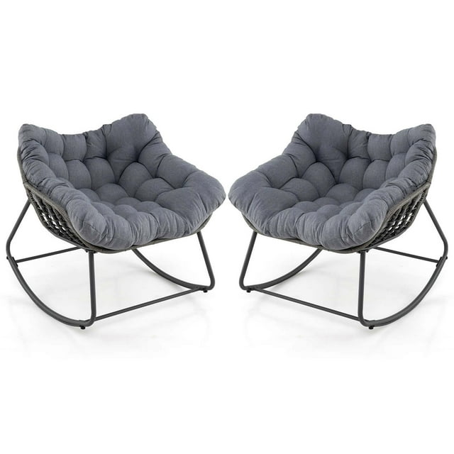 Costway 2 PCS Outdoor Rocking Chair Oversized Patio PE Wicker Egg Chair Rattan Lounge Chair Gray